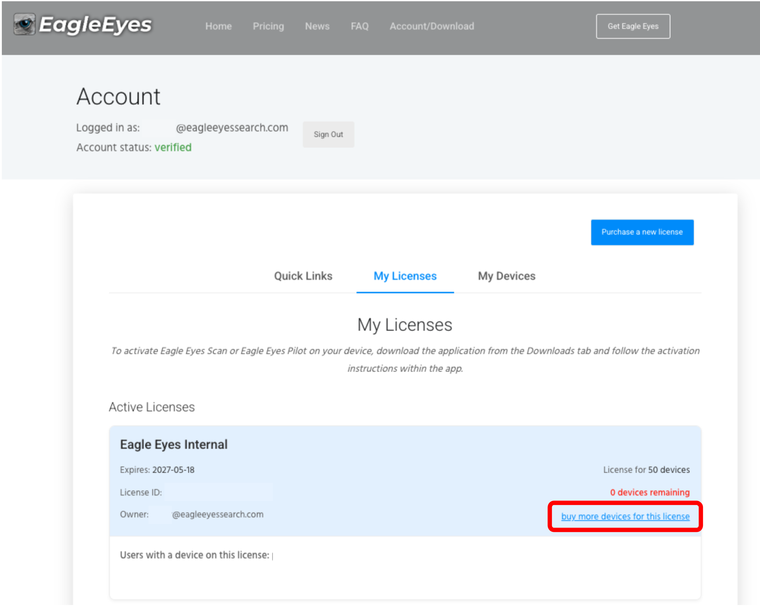 Add licenses screenshot showing the Buy more devices for this license button on the account page