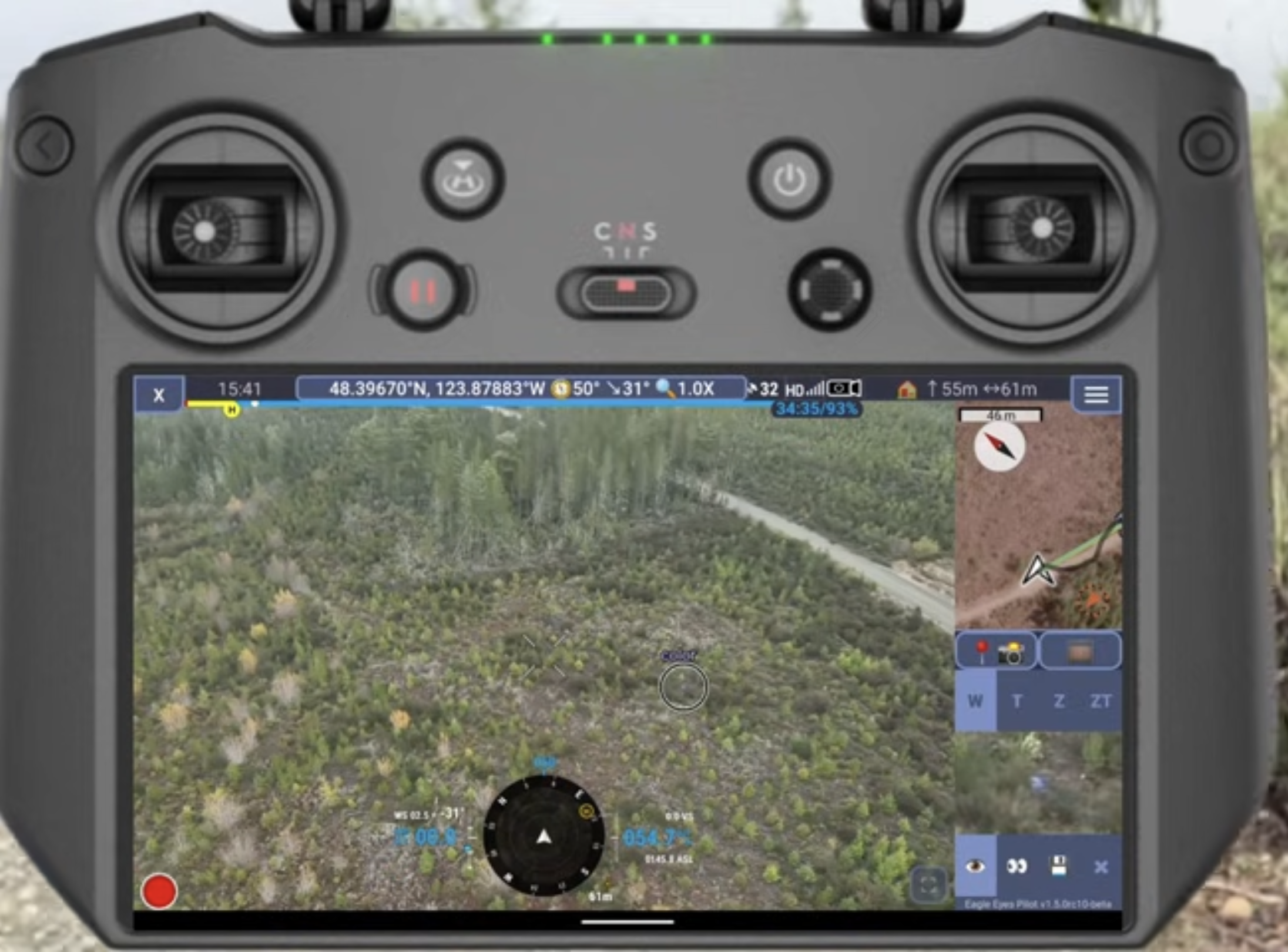 Eagle Eyes Pilot running a live detection on a DJI controller over forest