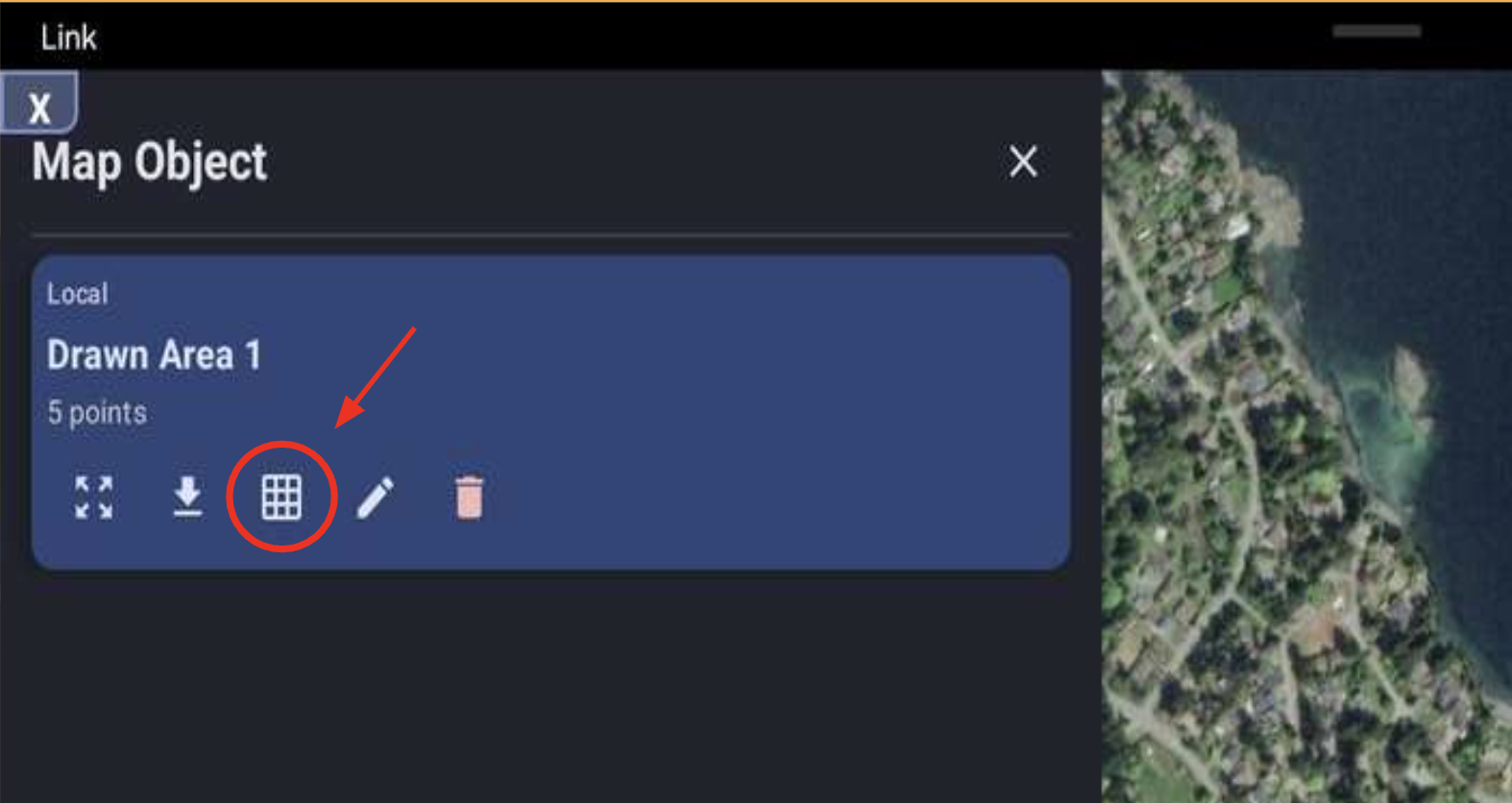 Open a grid mission: tap a drawn area, then the grid icon.