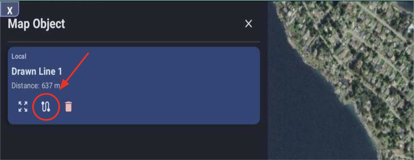 Open a line mission: tap a line on the map, then the line-mission icon.